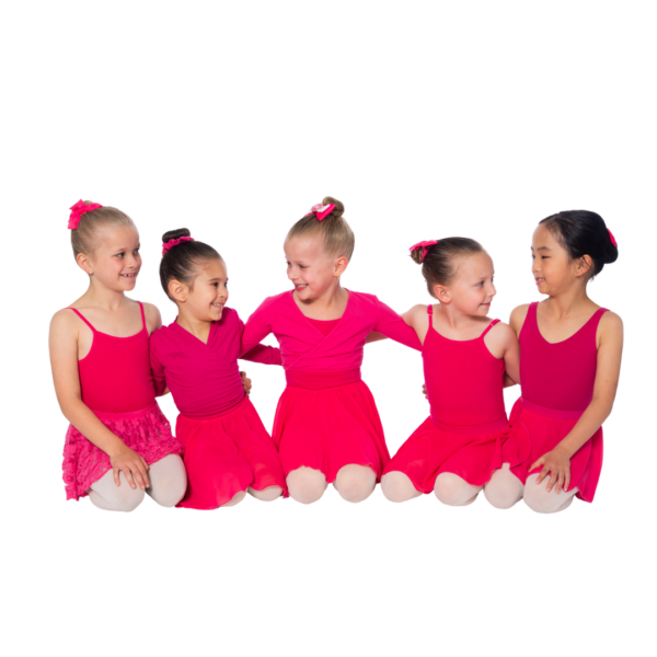 Five young ballet students in pink leotards and skirts sitting together smiling